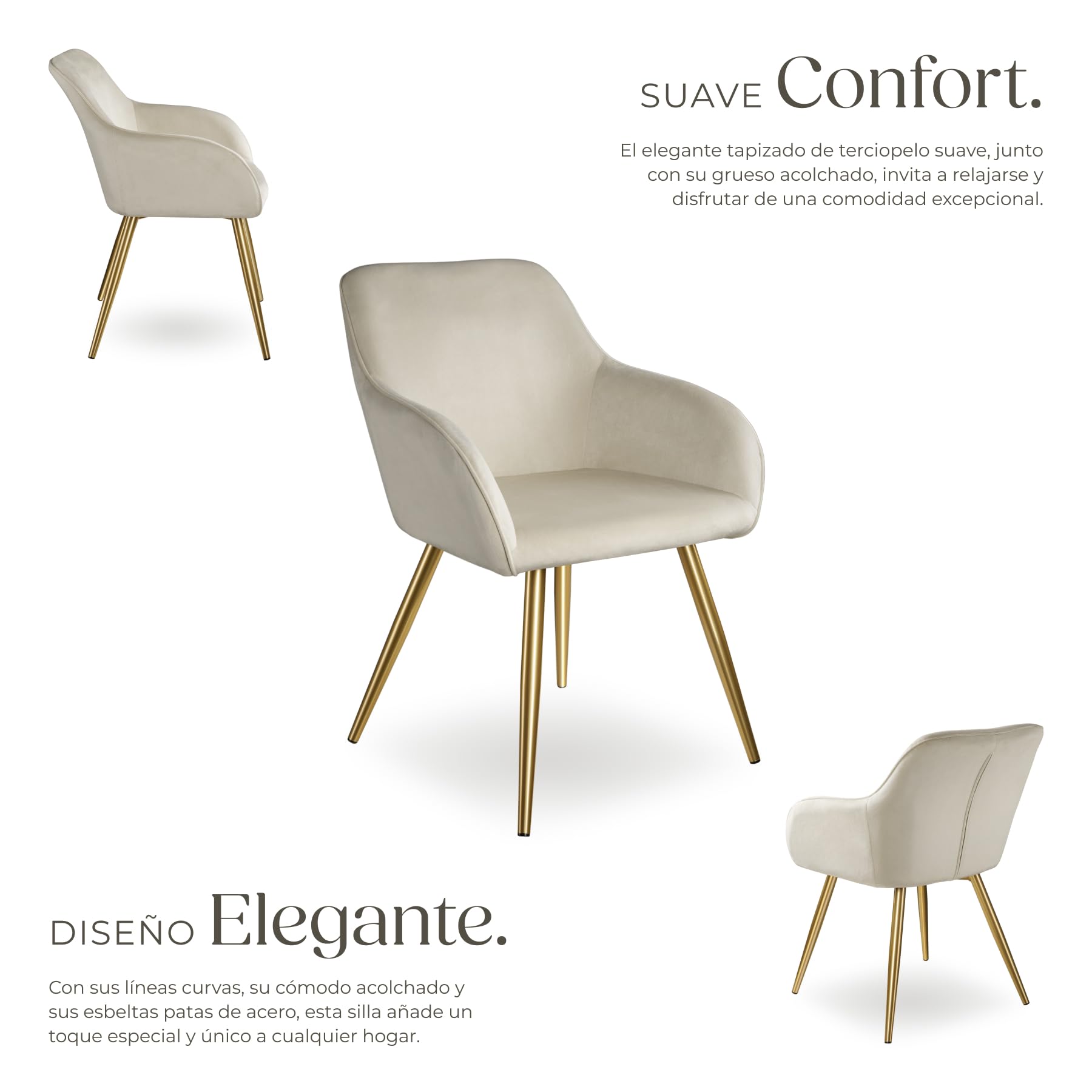 tectake® Juego de Sillas Tapizadas en Terciopelo, Sillas de Comedor Ergonómicas y Versátiles, Gran Estabilidad y Capacidad de Carga, Sillas Cocina Elegantes - 1 Silla Crema/Dorado