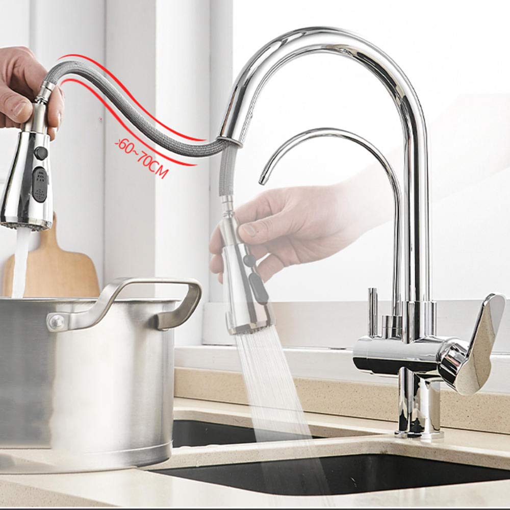 Grifo de Cocina 3 en 1 con Grifo Giratorio de un Solo Orificio para Fregadero de Cocina, Agua Pura, Caliente y fría, Color Negro (Color: Nero)