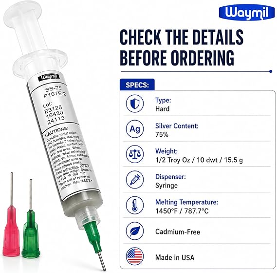 Hard Silver Solder Paste SS75 75% Silver, 1/2 Troy Oz 10 dwt 15.5 g Syringe with Applicator Tips, Cadmium-Free Jewelry Soldering Paste, 1450F Melting Temperature, Made in USA