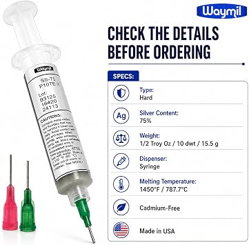 Hard Silver Solder Paste SS75 75% Silver, 1/2 Troy Oz 10 dwt 15.5 g Syringe with Applicator Tips, Cadmium-Free Jewelry Soldering Paste, 1450F Melting Temperature, Made in USA