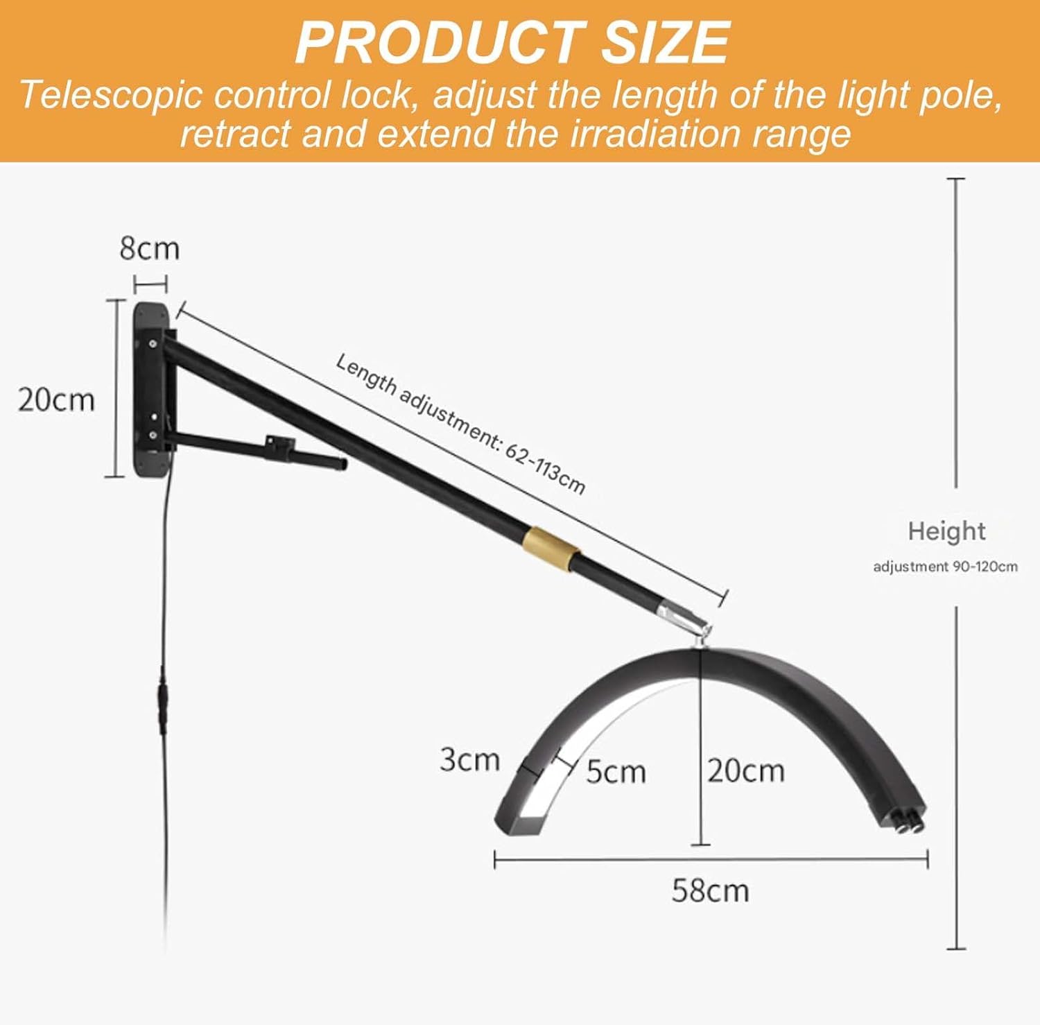 Aluminum Hanging Lash Lamp,Wall Mounted Half Moon Light Lamp, 3000K~6000K Color Temperature,0%-100% Brightness Adjust,for Beauty Body Care,White