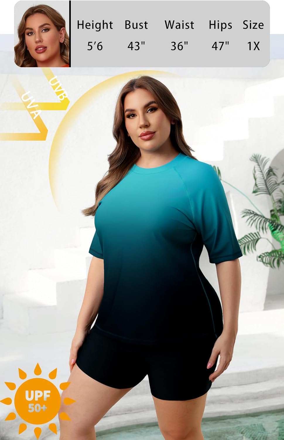 Halcurt Women's Plus Built in Bra Rash Guard Two Piece Swim Shirt and Pockets Boyleg Shorts - Image 4