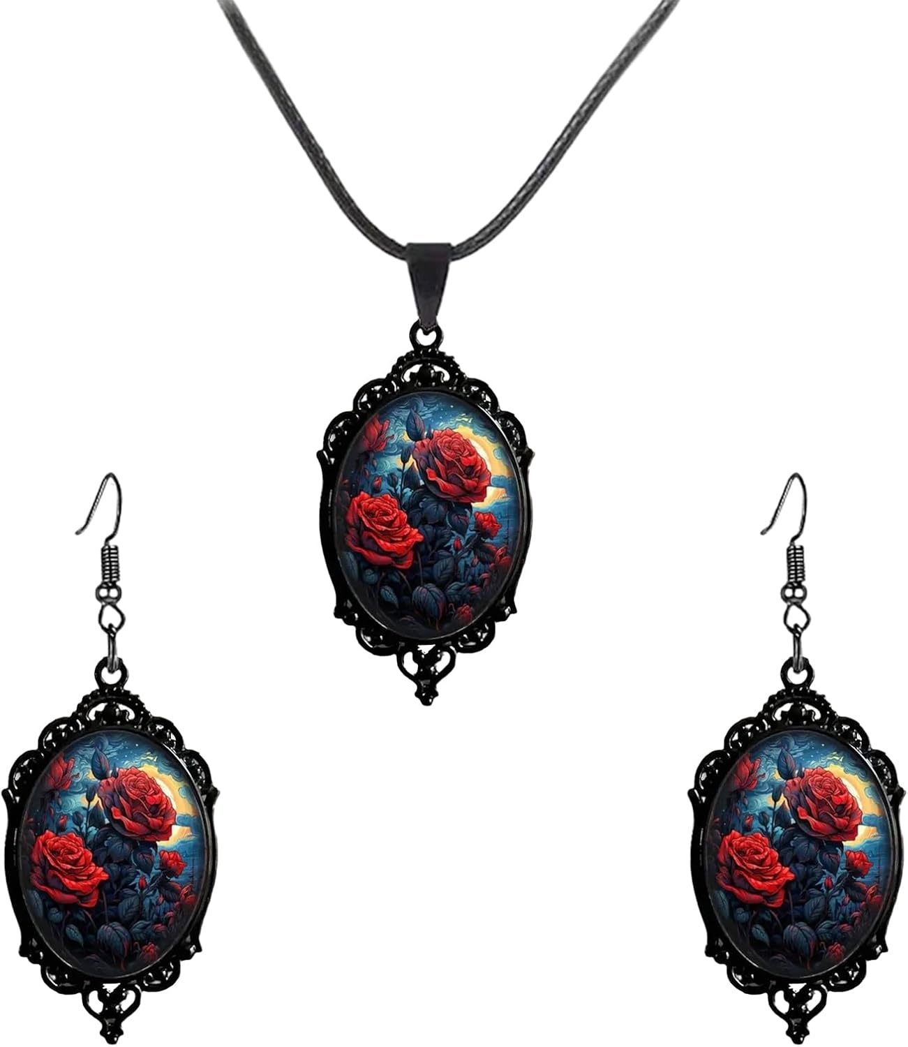 Halloween Gothic Rose Glass Earring Necklace for Women Vintage Satan Demon Pendant Halloween Roses Necklaces Victoria Emboss Earrings Mystic Witch Jewelry Gift Accessories
