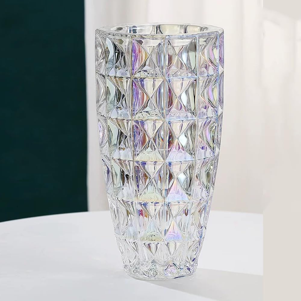 Unique Diamond-Shaped Colorful Glass Flower Vase 11.8" Tall for Home Decor, Dining Wedding Table Office Holiday Party Centerpiece Decoration.