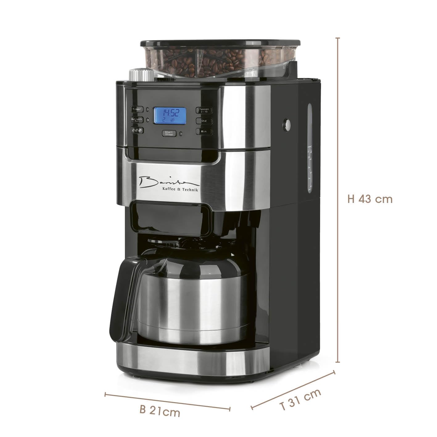 Barista Filterkaffeemaschine mit Mahlwerk, 24h Timer, Permanentfilter, 10 Tassen, Edelstahl