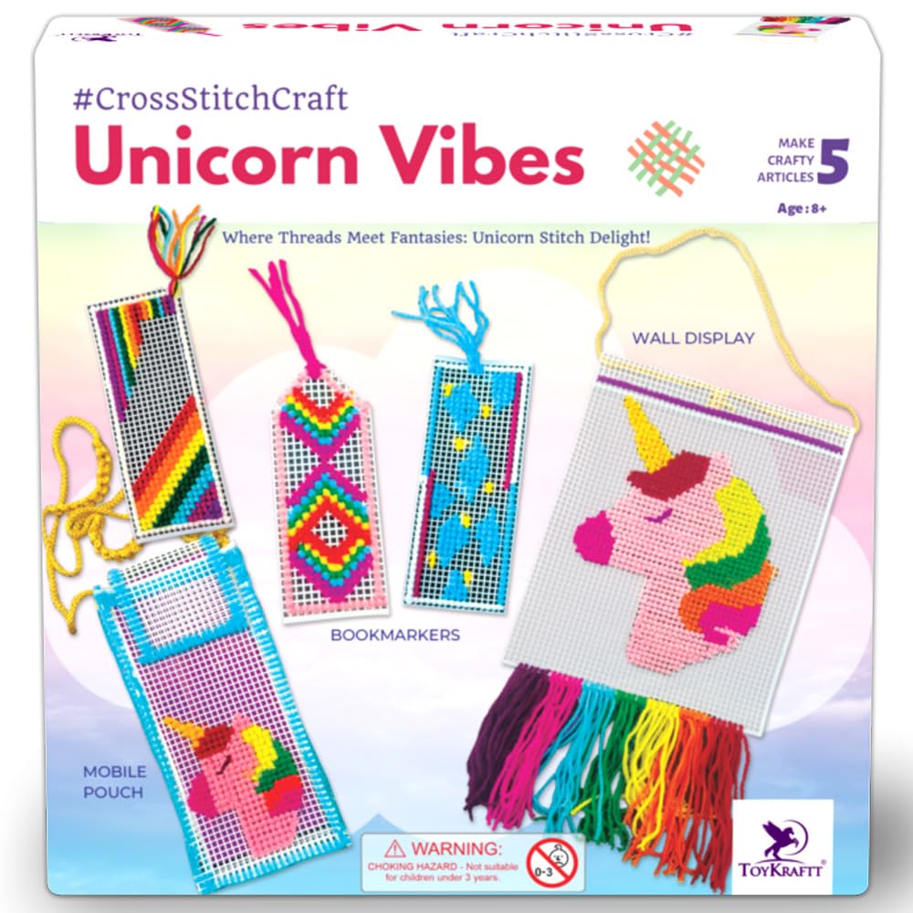 TOYKRAFTT Unicorn Cross Stitch & Embroidery Kit for Kids – Unicorn Vibes. DIY Sewing & Stitching Art Set for Girls Ages 7-12 – Make 5 Projects, Best Birthday and Return Gift