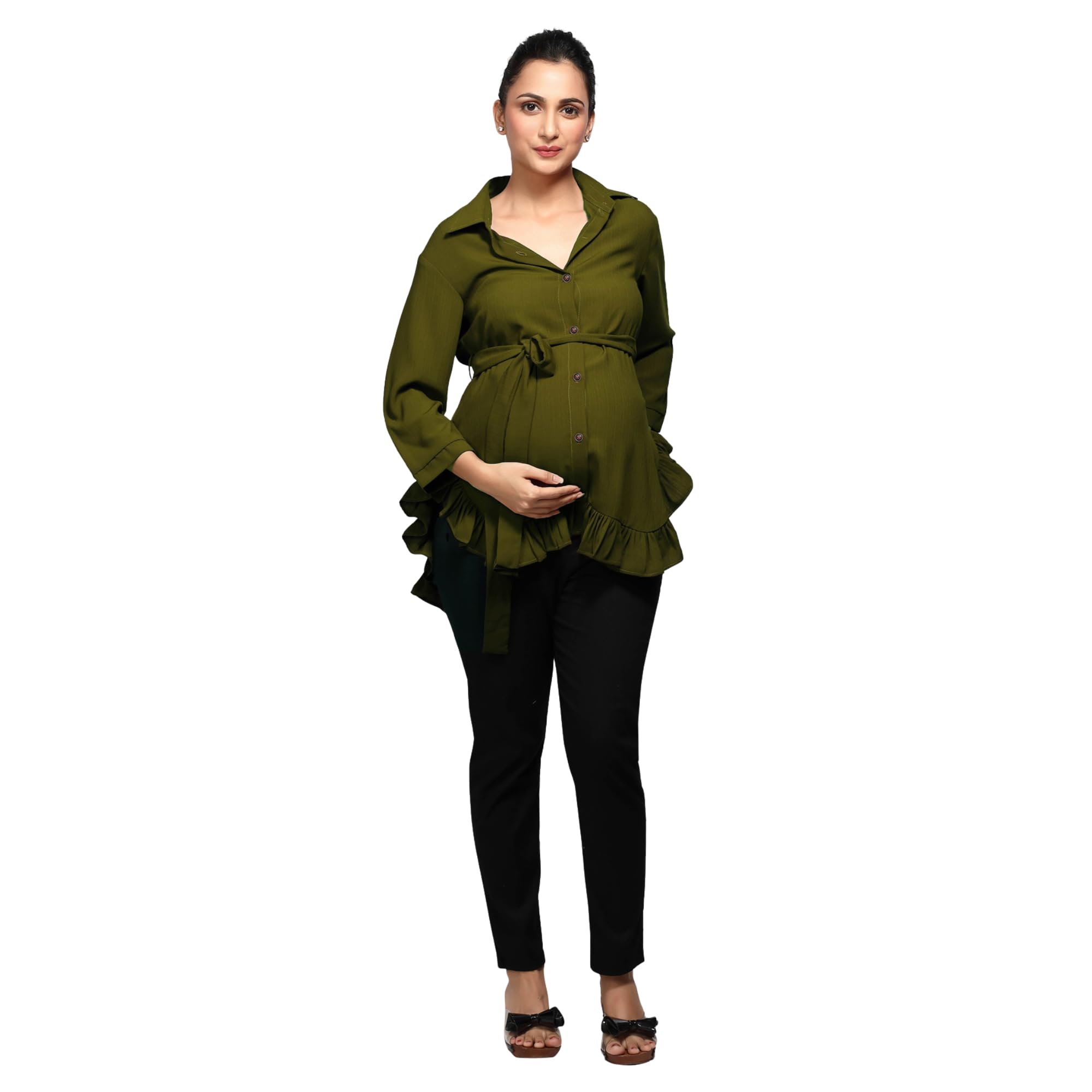 Olive Green Frilldetail Maternity Shirt-picture-46