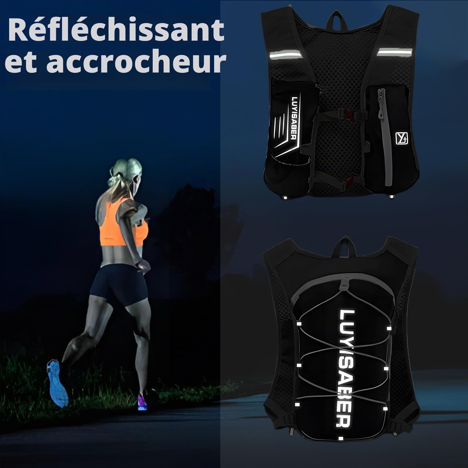 Gilet de course avec bouteille d'eau de 500 ml pour homme et femme - Sangles de poitrine réglables - Gilet de course réfléchissant ultra léger - Pour la course, le cyclisme, les trails, les marathons
