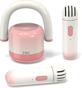 EWA Portable Mini Metal Karaoke Machine, Bluetooth Karaoke Speaker with 2 Wireless Microphones, Ideal Gifts for Girls Boys Family Home Party Birthday Christmas Toys Gifts-Pink
