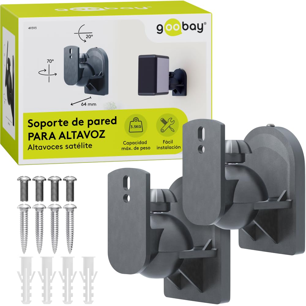 goobaySoporte de Pared para Altavoces Universal, Giratorio/​inclinable para Altavoces de hasta 3,​5 kg, Negro, 49393