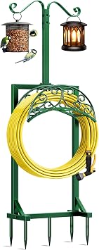 Garden Hose Holder - Upgraded Water Hose Holders for Outside with 5 Spikes & 2 Shepherds Hooks, Freestanding Hose Stand Hose Hanger Hose Storage Hose Reel Rack for Yard LawnGreen