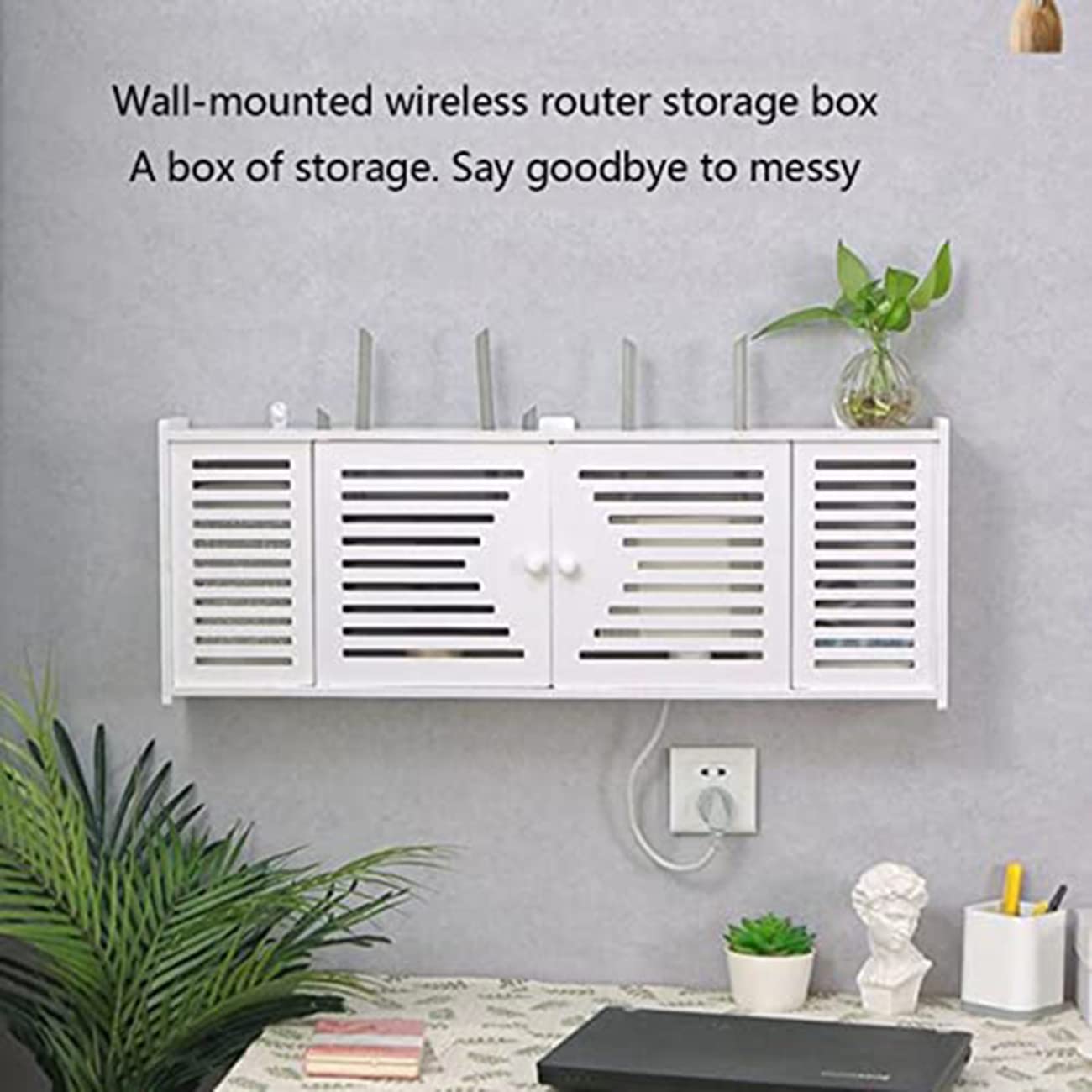 Router Regal WLAN-Aufbewahrungsbox STB-Speicher Multifunktionsregal Desktop-Speicher Kostenlose Lochwandhalterung Wandschmuck Wohnzimmer TV Wand (Color : Weiß, Size : 76 * 12 * 28cm)