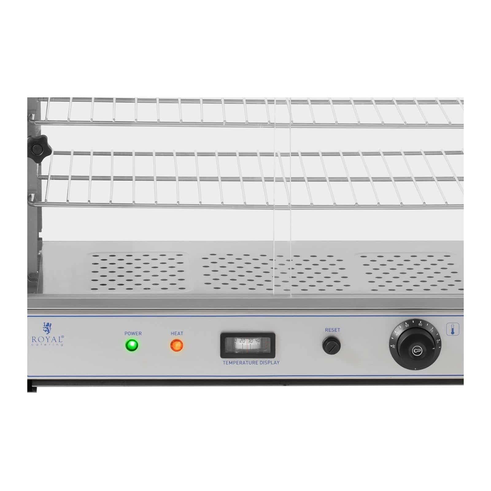 Royal Catering RC-WC001 Vitrine Chauffante Présentoir Chauffant De Maintien Au Chaud À Poser(1 000 W, 30 - 85 °C, 3 Grilles De 56,6 x 30 cm)