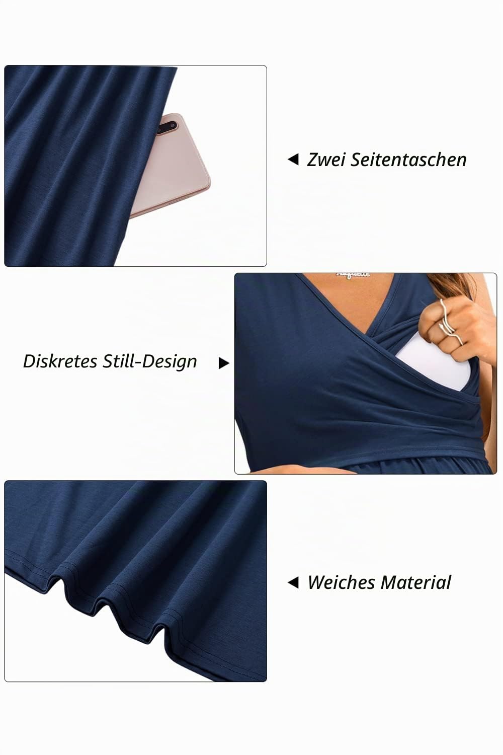 OUGES Damen Sommer Umstandskleid Midi Stillkleid Baumwolle Kleider für Schwangere Lässiges Umstandsmode mit Taschen