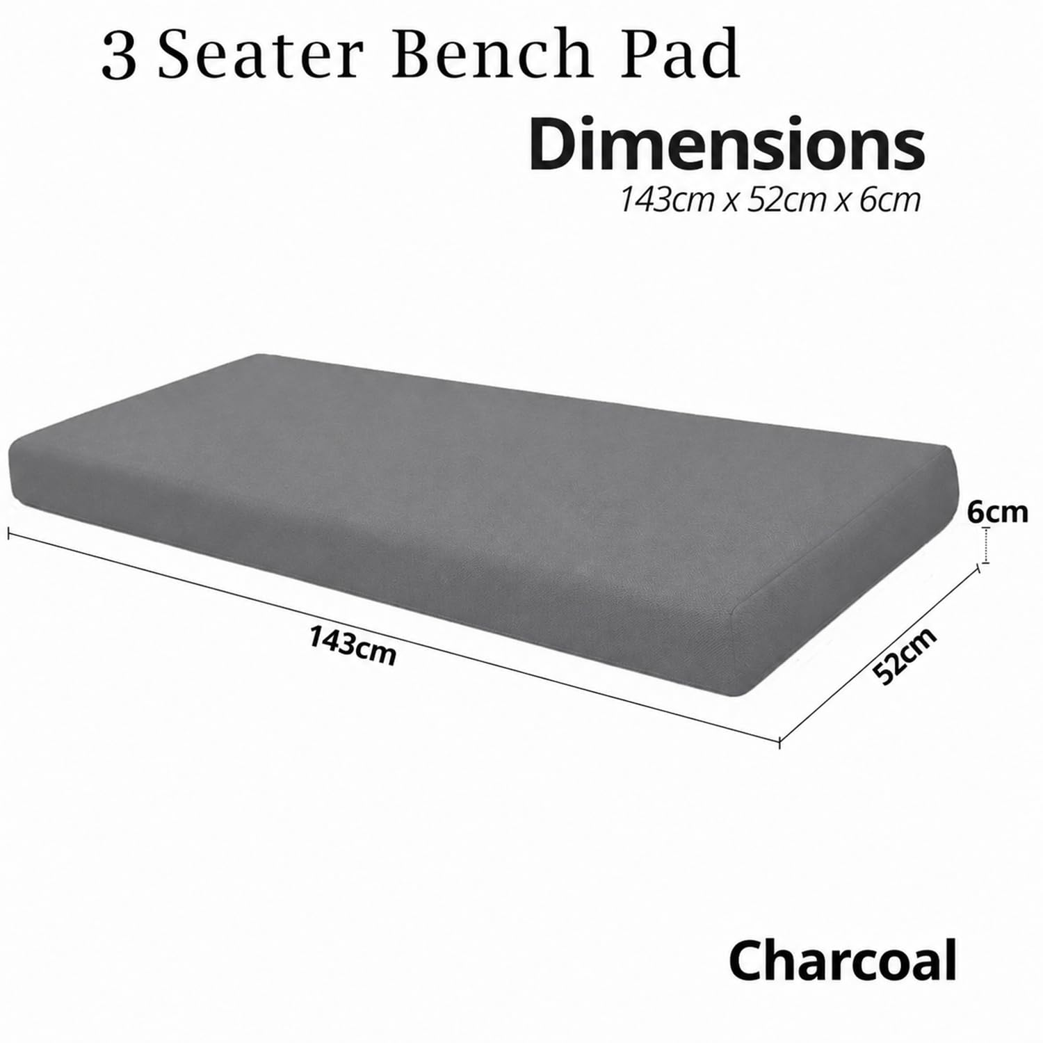 Brillars Garden Patio Bench Pad Outdoor Water Resistant Fabric 2/3/4 Seater Furniture Swing Seat Hammock Thick Pillow Cushion (Charcoal Grey - Image 2