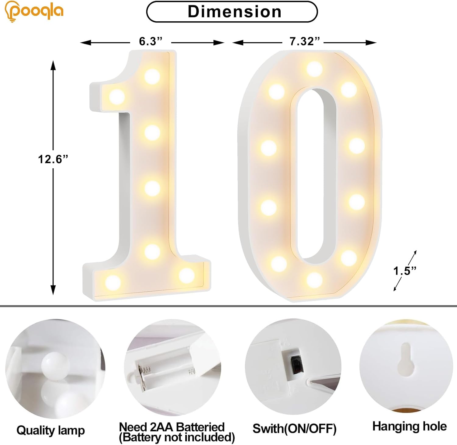Pooqla 10th Birthday Decorations for Girls Boys, Large 12.6 in Tall Light Up Numbers for 10th Party Decorations Table Decor, Big Marquee Numbers 10th Birthday Gift for Girls Wedding Anniversary Decor