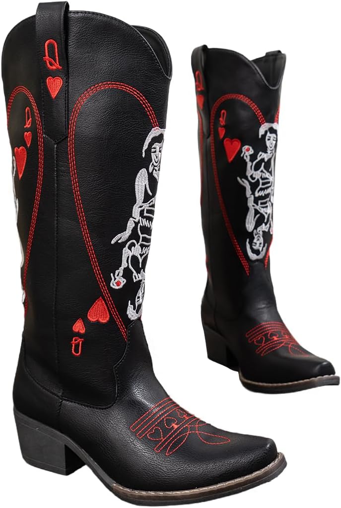 cowgirl boots Vintage Embroidered Riding Boots Western Cowboy Boots with Red Heart & Star Patterns Slip-On Embroidered Boot