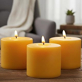 3 Pack Beeswax Candles - 3x3inchs Emergency Candles, Beeswax Pillar Candles 150 Hours Long Burning, Organic Unscented Dripless Smokeless Bees Wax Candle Bulk for Home Paryer Party (3x3in)
