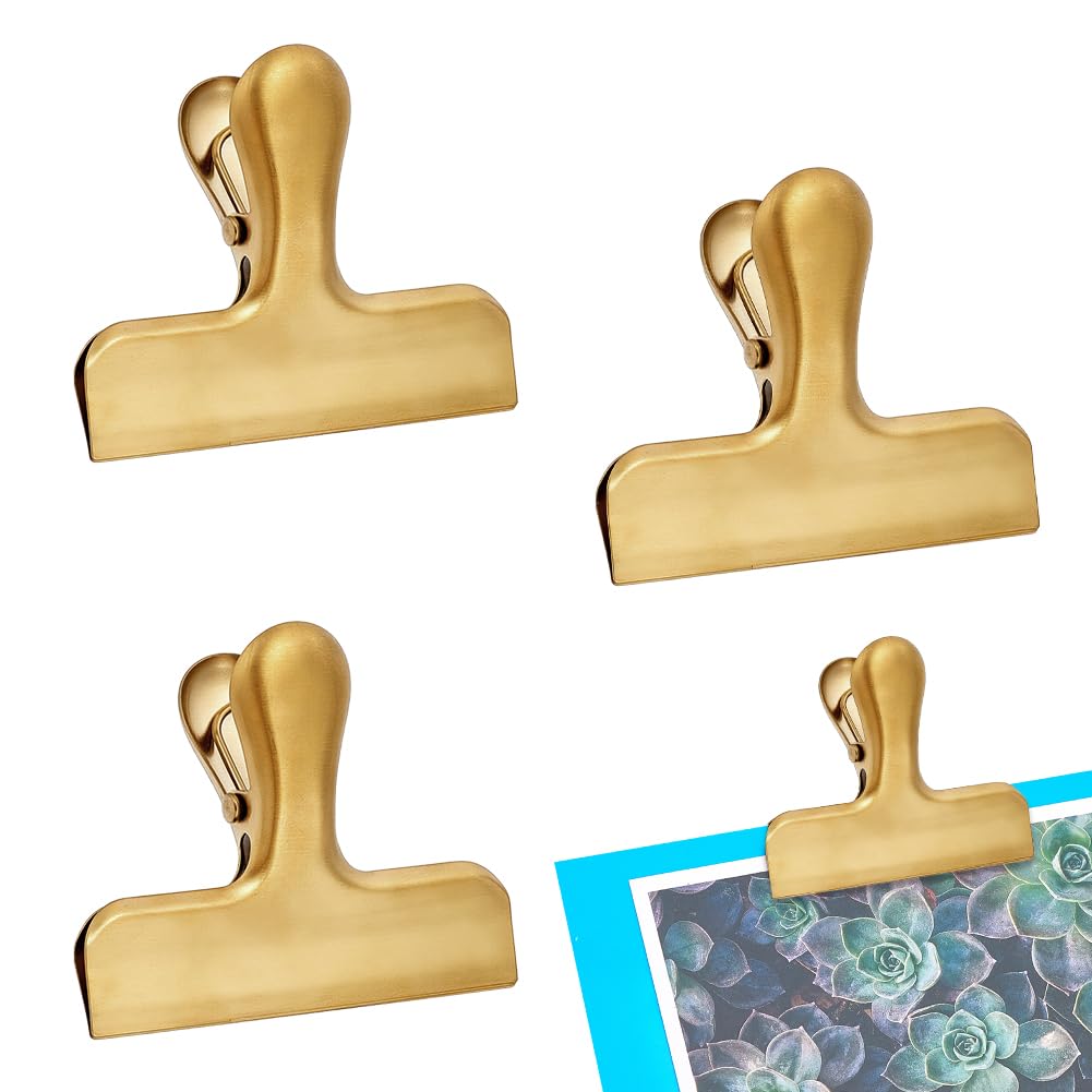 NBEADS 4 Pcs Gold Chip Clips, 6.4x7.7cm Stainless Steel Notebook T Clip Air Tight Seal for Kitchen Office Home Multi Scenario Use, Golden