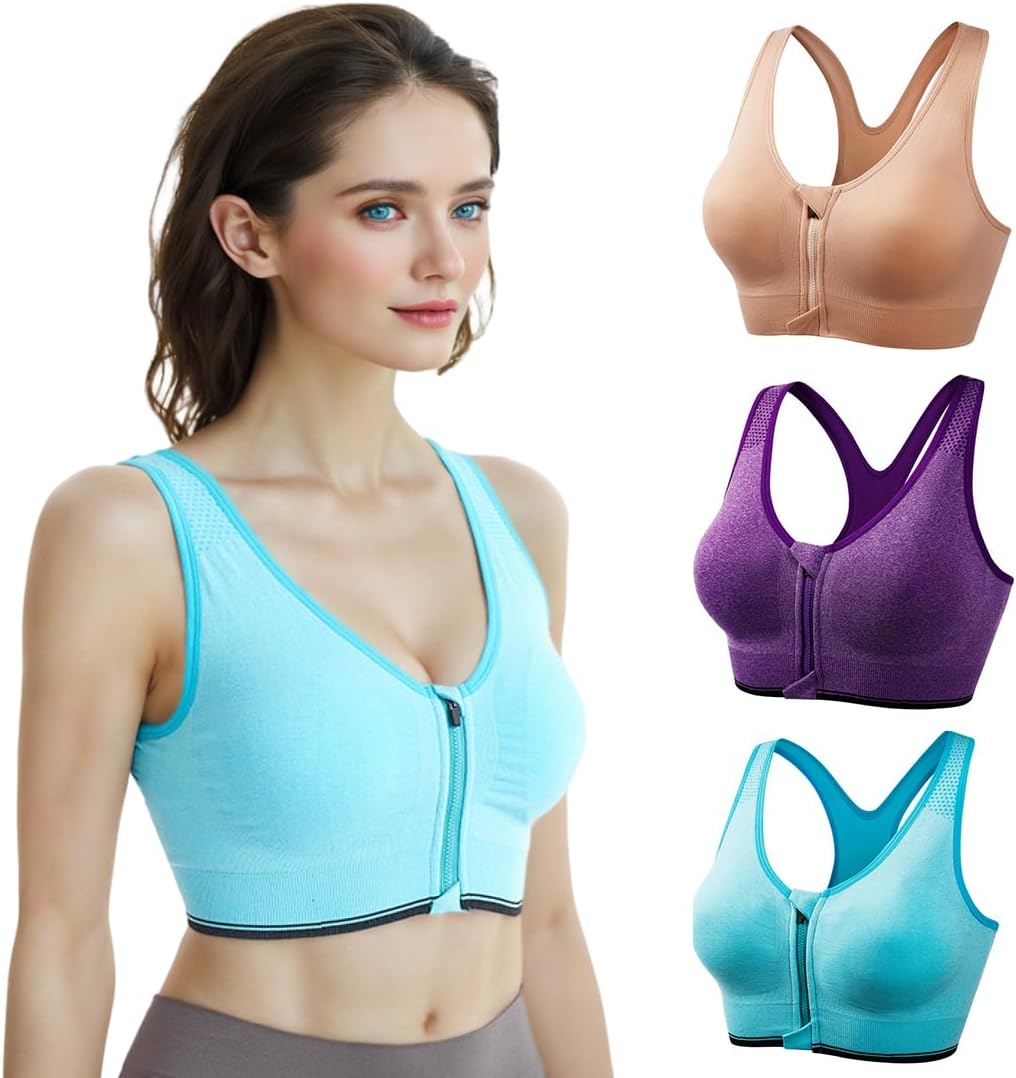 3 Pack Women Zip Front Sports Bras - High Impact Workout Bra Racerback Fitness Bounce Control for Running,Yoga,Gym