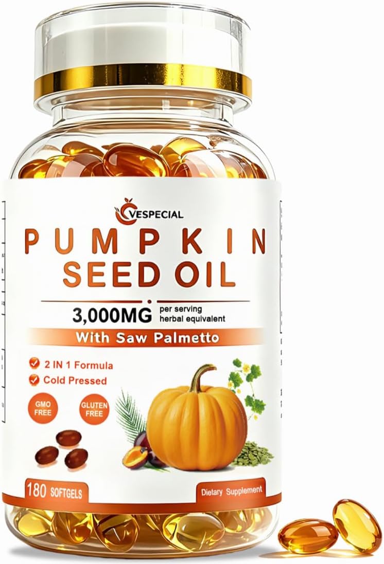 Pumpkin Seed Oil with Saw Palmetto, Pumpkin Seed Oil Capsules | 3000mg Per Serving, Cold-Pressed with Essential Fatty Acids & Phytosterols | Supports Hair, Bladder & Prostate Health | 180 Softgels