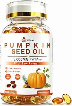 Pumpkin Seed Oil with Saw Palmetto, Pumpkin Seed Oil Capsules | 3000mg Per Serving, Cold-Pressed with Essential Fatty Acids & Phytosterols | Supports Hair, Bladder & Prostate Health | 180 Softgels