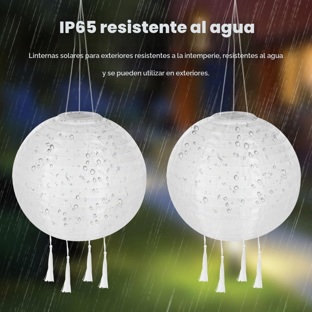 HOTUT Farolillos Solares Exterior, 2 Piezas 25cm Farolas Solares Exterior Colgantes Blanco Calido, Luces LED Jardin de Nailon, Impermeable Luces Decoración para Acampar, Jardín, Terraza, Porch, Bodas