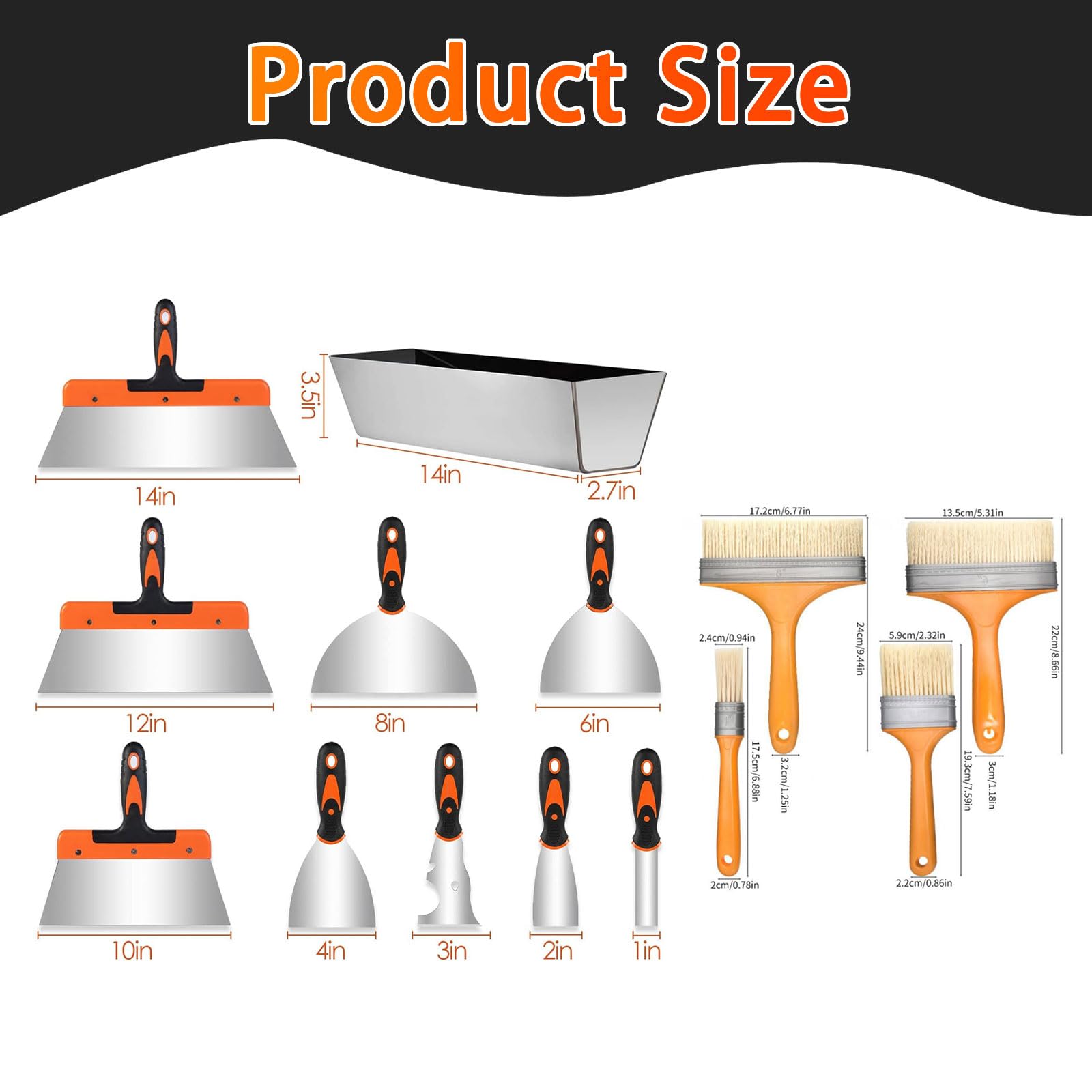 GAESHOW Set di 14 Spatole in Acciaio Inossidabile per Stucco, 25-355 mm, Coltelli di Spatola per Stucco con Manico in Plastica, per Rasatura Muro, Riparare Pareti