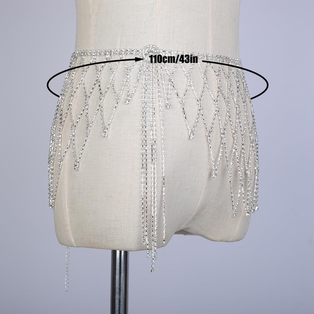 Hollow Mesh Silver Waist Chain Bikini Belly Skirt Sparkly Dancing Skirt Jewelry Women Nightclub Bling Body Jewelry