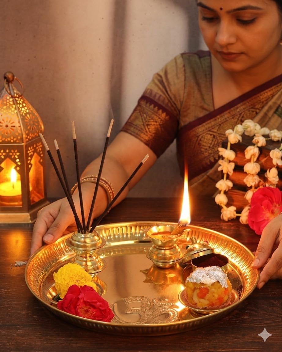 AKSHATA® Brass Puja Thali Set with Beautiful Handcrafted Design |Pooja Thali|Arati|Arathi|Arthi|Arathi|Bartan Thambulam Plate|Puja Set|Pooja Plate SetHome Decor|karwa chauth Diameter 9 inch(1pc)
