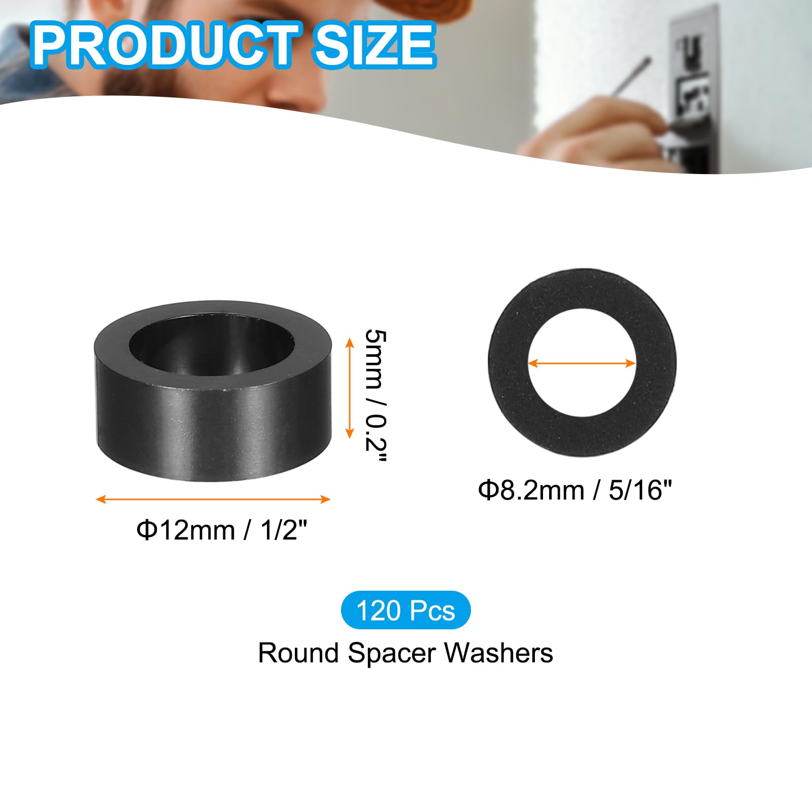 PATIKIL 120Pcs M4 ABS Spacers M8 x 12mm OD x 5mm L Plastic Round Spacer Washers Black Standoff Nut Unthreaded for Screws Bolts Electrical Outlet - Image 2