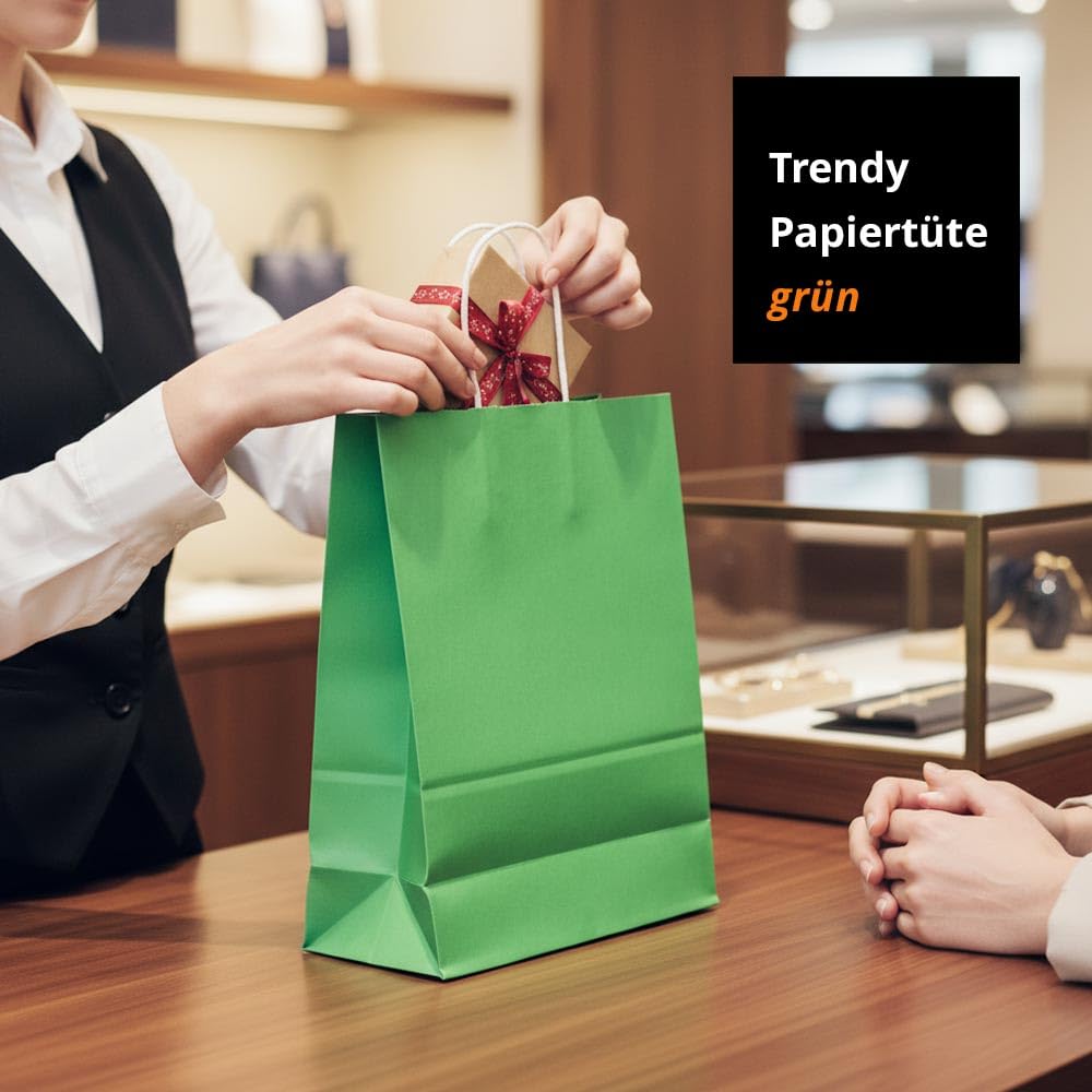 Papiertüten grün mit Kordel-Henkel I 250 Stk. 32+12x41cm I Papiertragetasche für Einzelhandel, Weihnachten, Mitbringsel, TO-GO I Geschenktüten aus Kraftpapier I HUTNER