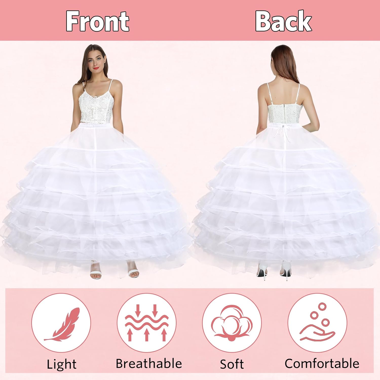 Women 6 Hoop 6 Layered Petticoat White A-line Floor-Length Crinoline Underskirt for Bridal Wedding Dress Ball Gown - Image 2
