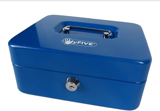 Hyfive® Petty Cash Box 8" 200mm Supplied With 2 Keys and Removable Change Tray, Perfect Secure Storage For Loose Change, Blue Metal Cash Box