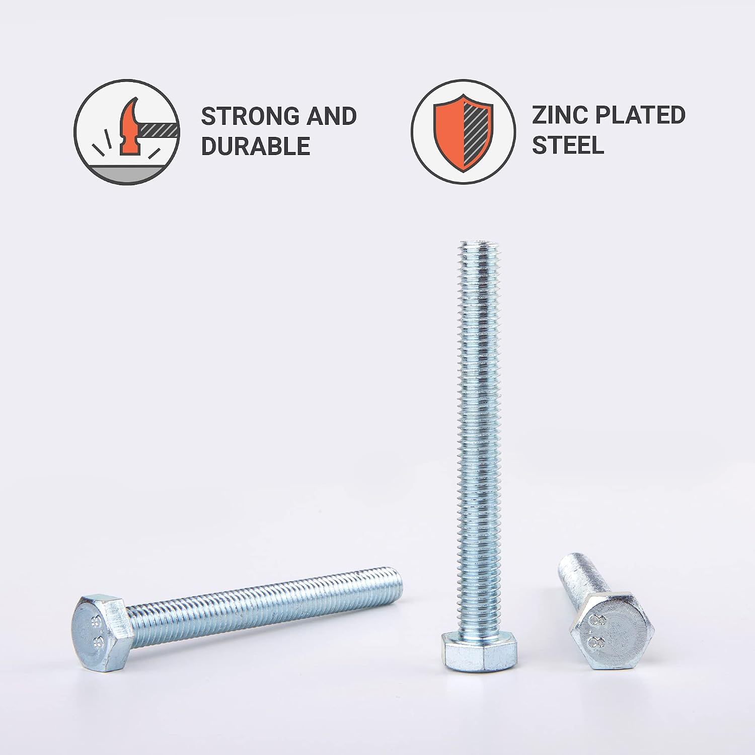 (Pack of 25 pcs) DIN 933 Zinc Plated Steel Hexagon Bolts M8 x 70 mm 8.8 Grade, Hex Screws, Fully Threaded, Hex Head - Image 3