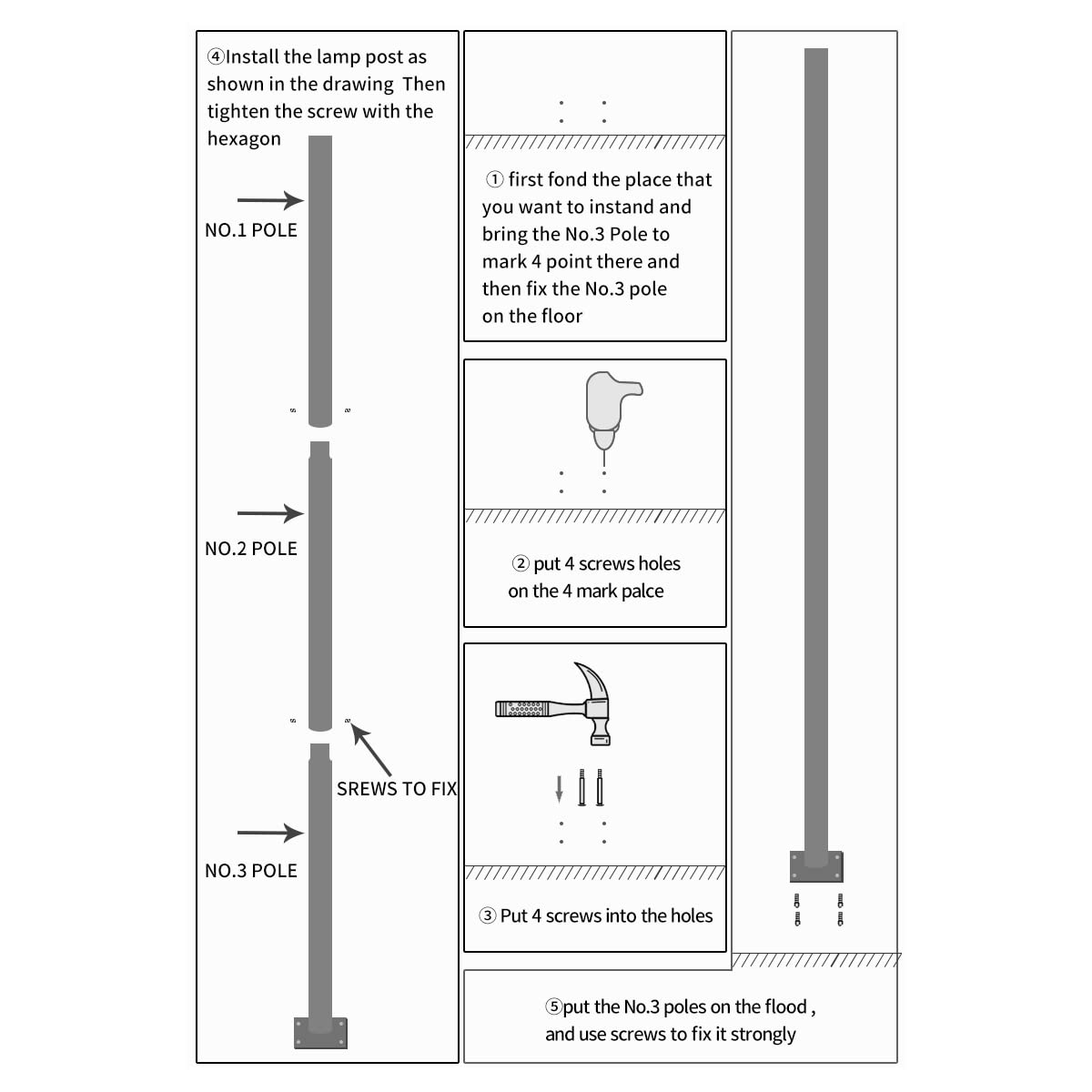 Jandei - Poste para Farola de 3 Metros en Tramos de 1 m – Acero Galvanizado Negro con Base de Anclaje, Resistente a la Intemperie, Ideal para Jardines, Calles y Parques. Tornillos Incluidos