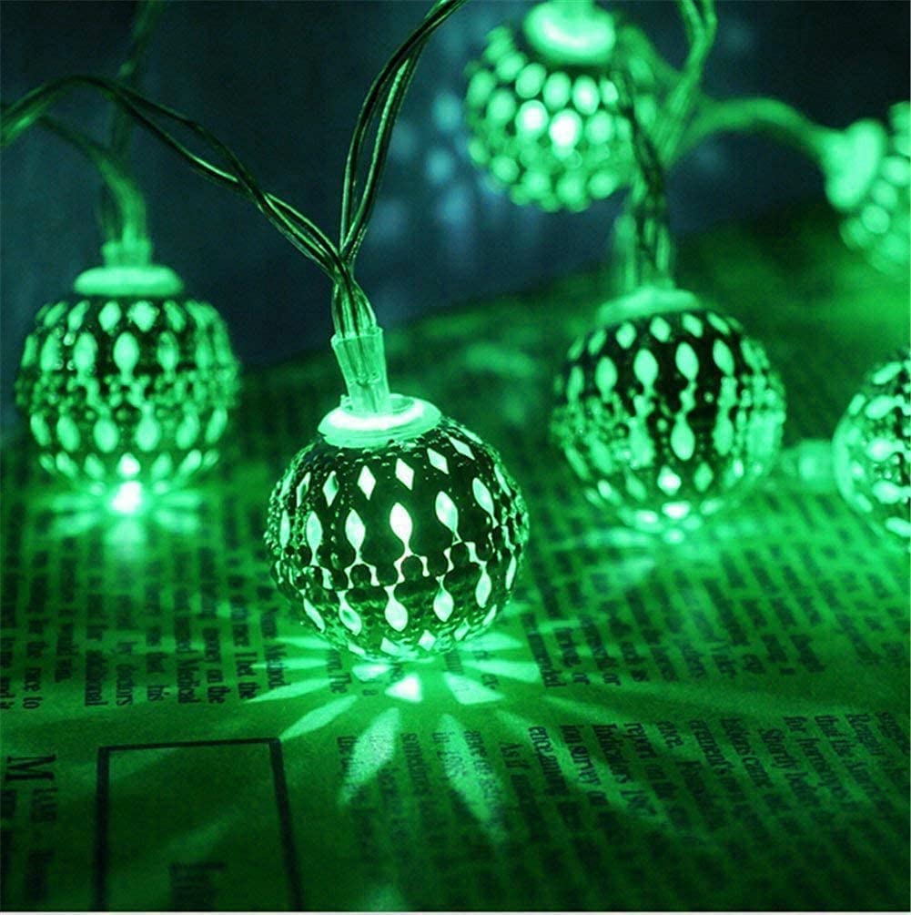 Hulx Green Moroccan String Lights, 3M 20Led Moroccan Ball Outdoor String Lights Metal Ball Lights Moroccan String Light Metal Fairy Lights Battery (Green)