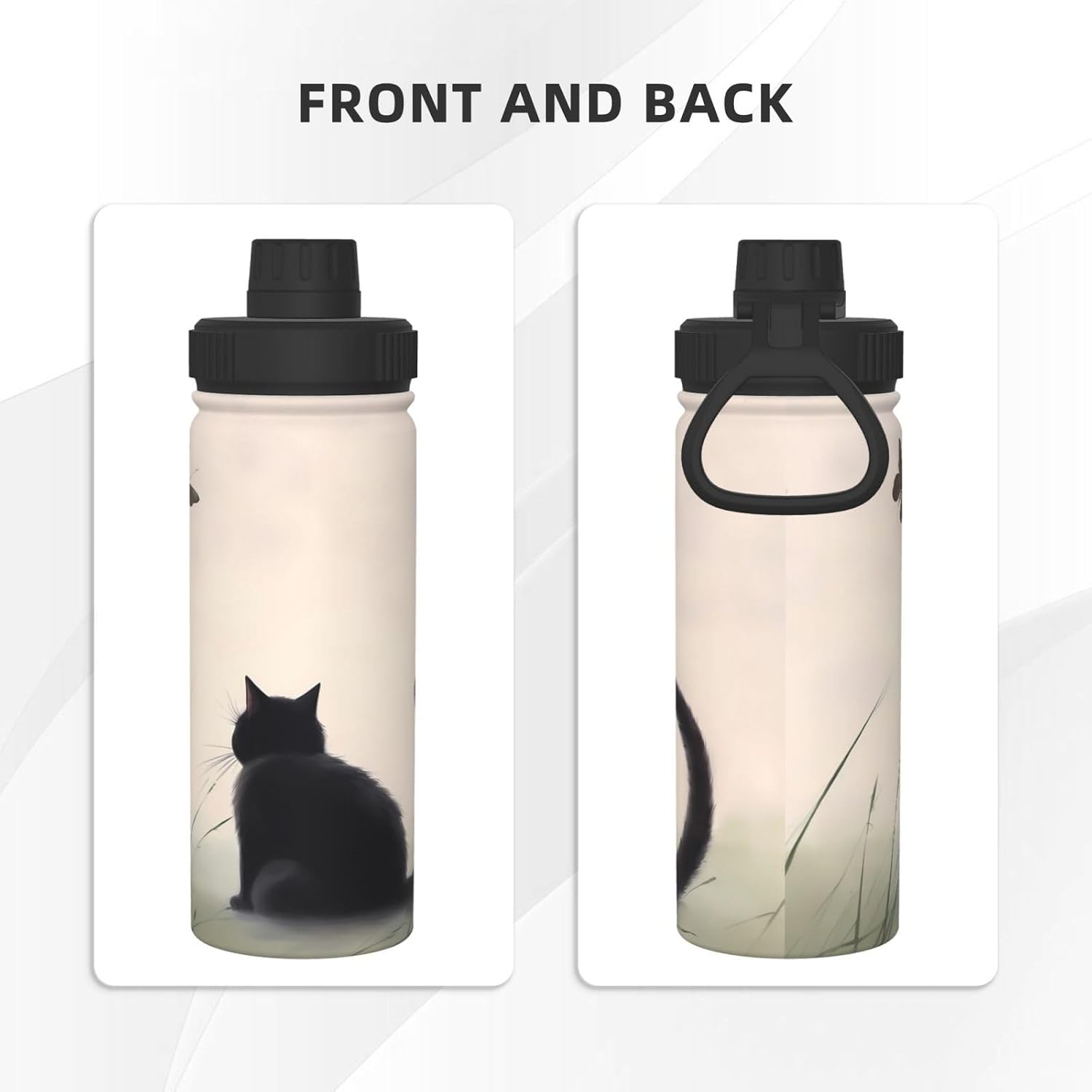 Cute Black Cat 18 oz Stainless Steel Water Bottles Insulated Sports Water Bottle with Spout Lid, Butterfly Kitten Double Wall Travel Water Flask for Running Hiking Fishing