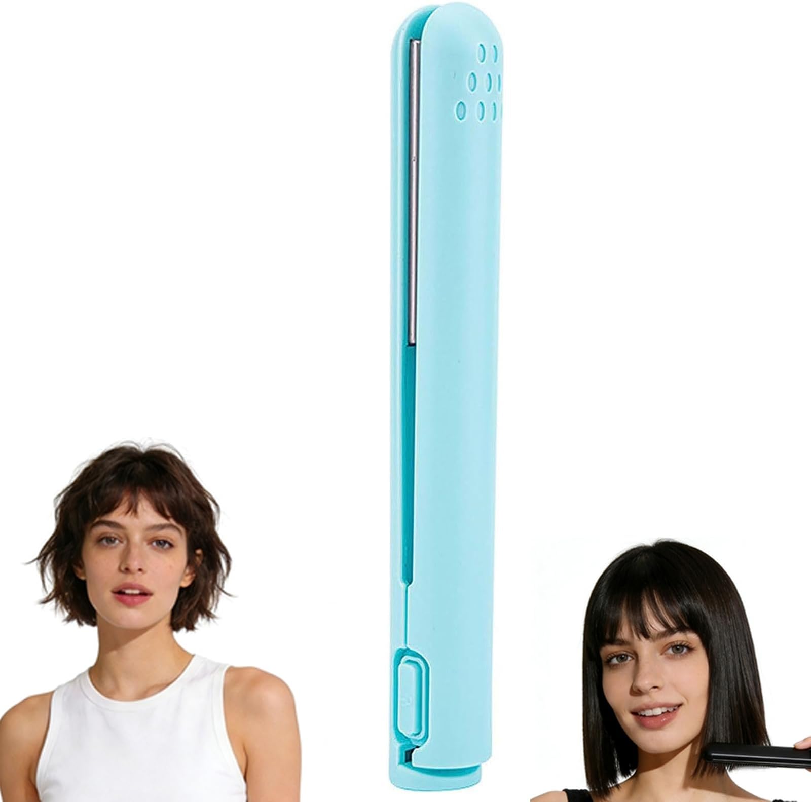 2 in 1 Wireless Mini Curl Pro, USB Portable Curling Tongs, Mini Hair Straighteners & Curling Iron, for Short Hair All Hair Types, for Home and Travel (Light Blue)