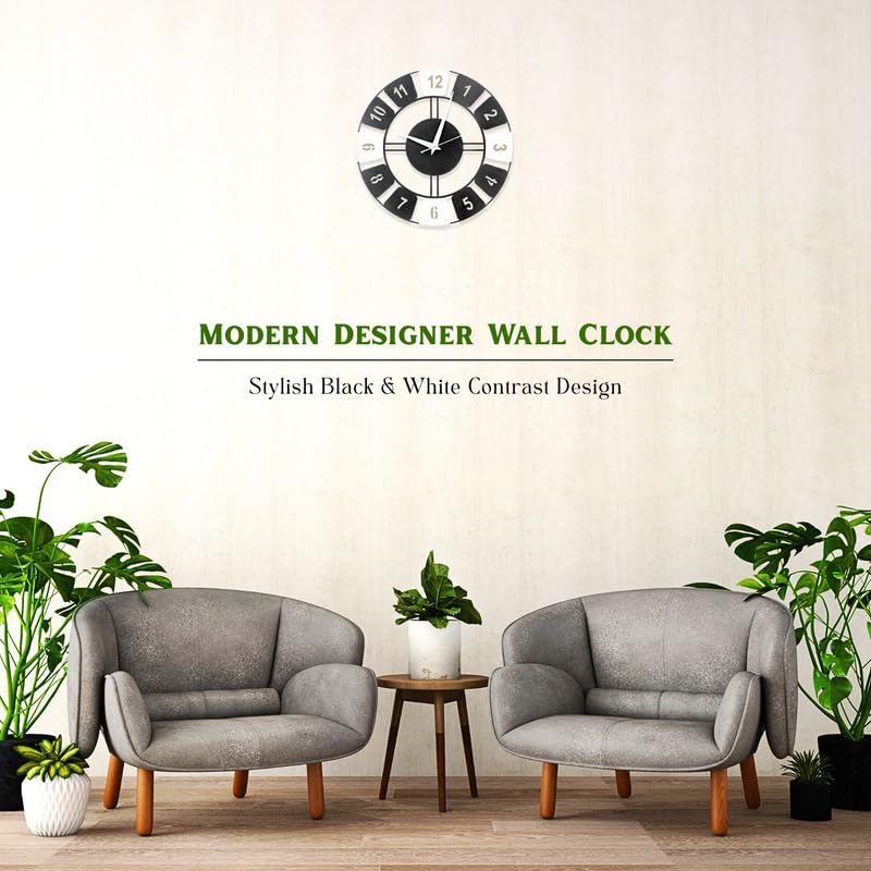 Image of Metal Analog Dual Tone Wall Clock for Living Room Bedroom, Office & Hall | 38 X 38 CM | Stylish Modern Home Decor Wall Clock | Battery Operated | Contemporary Round Design | Black & White