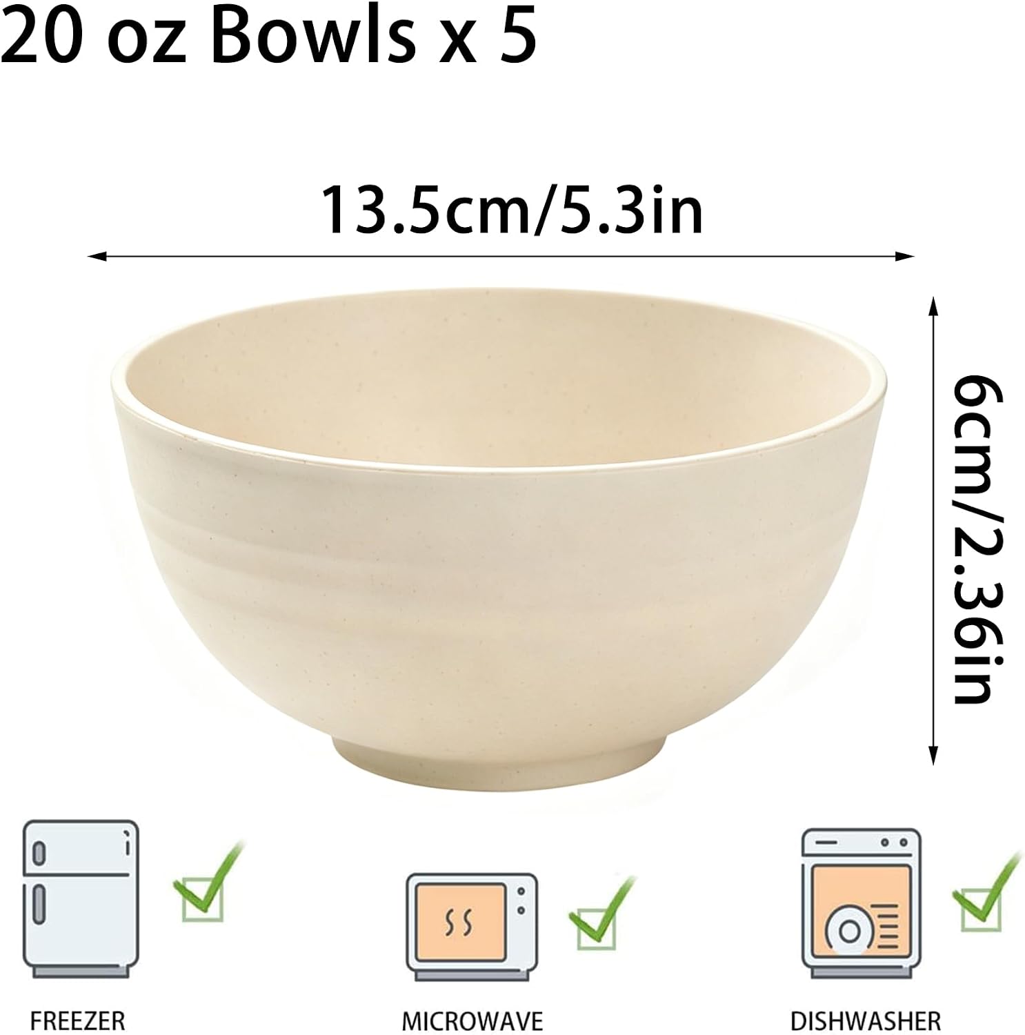 Unbreakable Wheat Straw Cereal Bowl 20 oz Reusable Plastic Lightweight Bowl