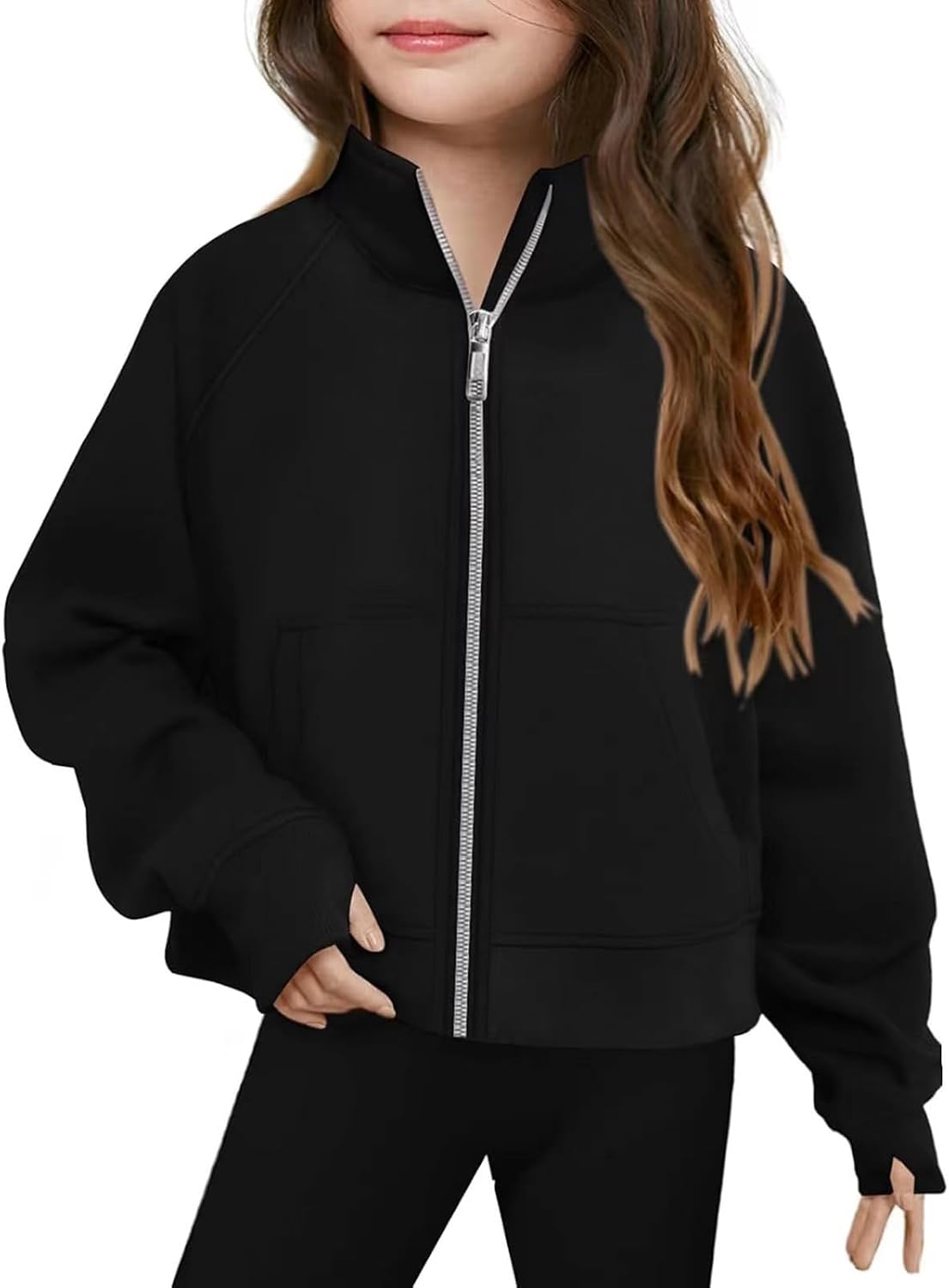 Girl Zip Up Athletic Jacket Stand Collar Thumbhole Sweatshirt
