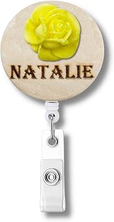 Glitter Rose Handmade 3D Personalized Chrysanthemum Name Badge Reel - (Yellow Rose Color, Badge Reel Backing)