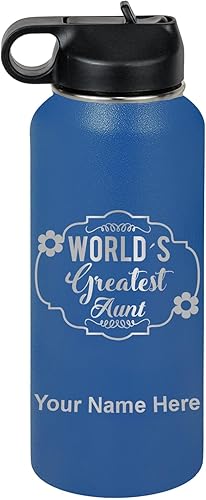 Miniatura 48 de LaserGram Botella de agua personalizada, la tía más grande del mundo, acero inoxidable de doble pared aislada al vacío con popote superior, regalo