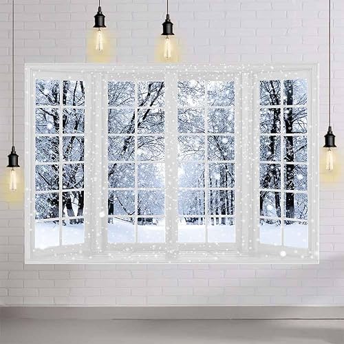 Miniatura 4 de MEHOFOND Telón de fondo de fotografía de invierno de 10 x 7 pies, fondo de bosque de nieve blanco, ventana, copo de nieve, árbol, decoración de