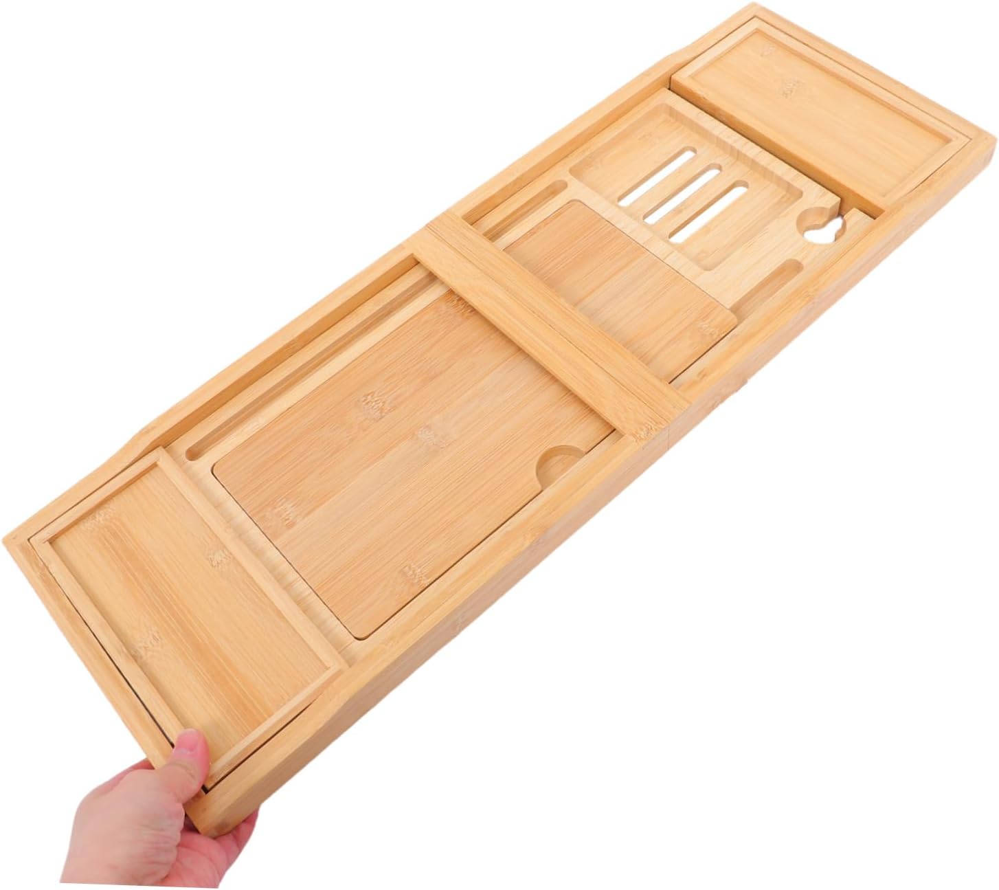 Cabilock Bamboo Bath Tub Tray Multi-Function Extendable Storage Organizer Phone Holder Waterproof Sturdy Bathroom Decor
