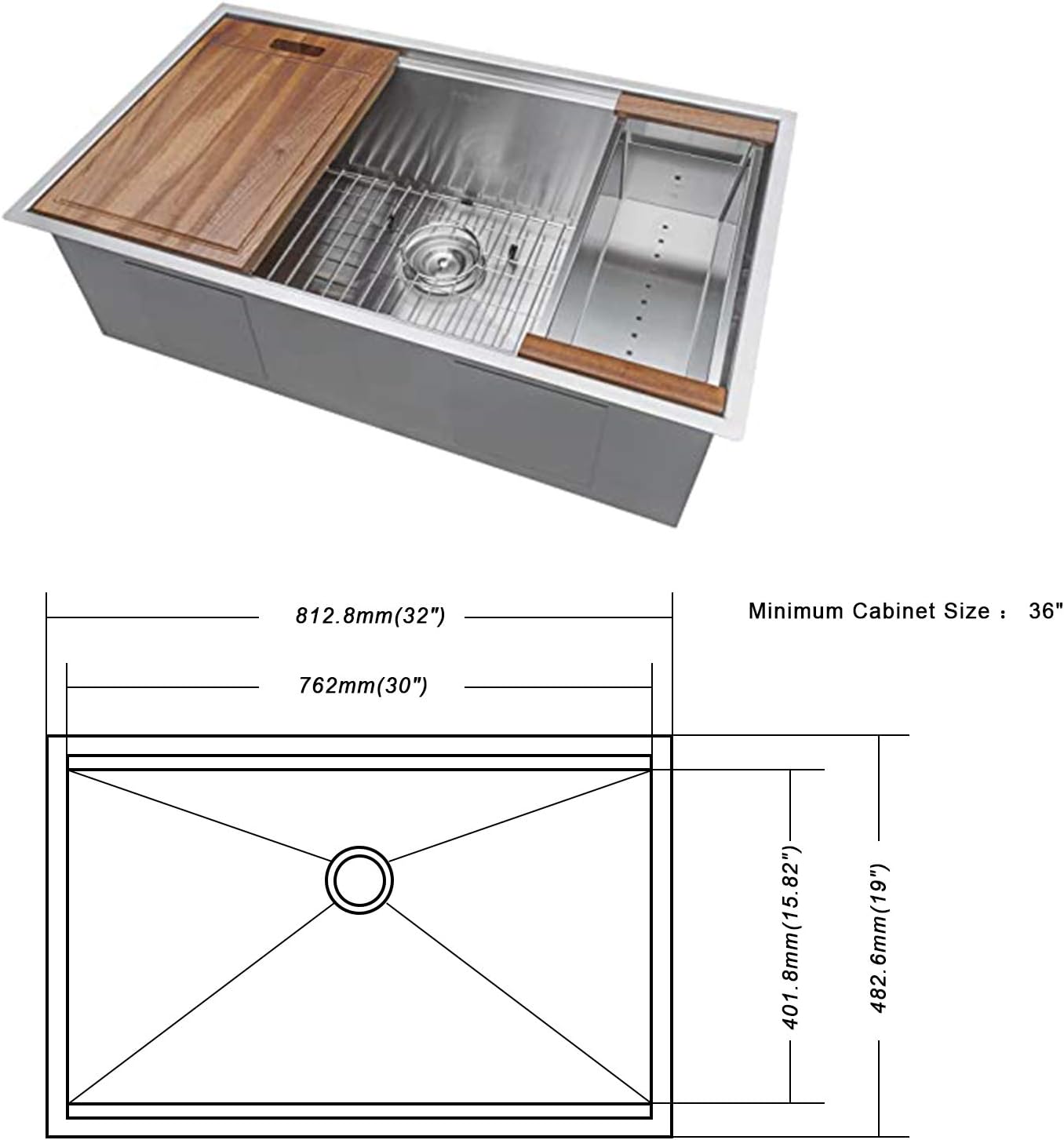 Limited Stock 32 x 19 x 9 inch Undermount Kitchen Sink, Workstation Ledge 18 Gauge Stainless Steel Sink Modern Single Bowl Kitchen Sink