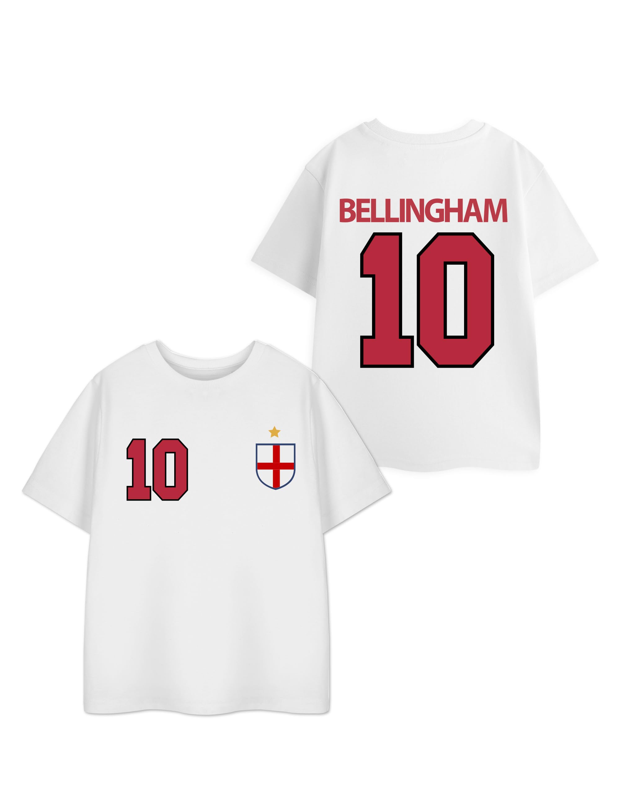 Show Me The Merch Bellingham 10 White Red Graphic Tee | Kids Short Sleeve Football Jersey Top | England Shield Crest Sports T-Shirt | Classic Crew Neck Player Number Merchandise - 7-8 Years