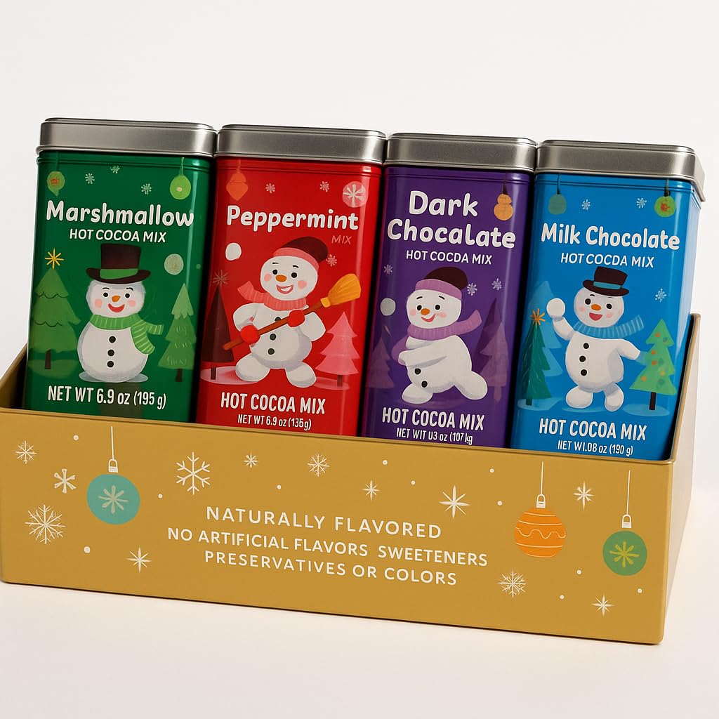 Holiday Hot Cocoa Gift Set, 4 Decorative Tins with Milk Chocolate, Marshmallow, Peppermint, Dark Chocolate Flavors, 6.9 oz Each