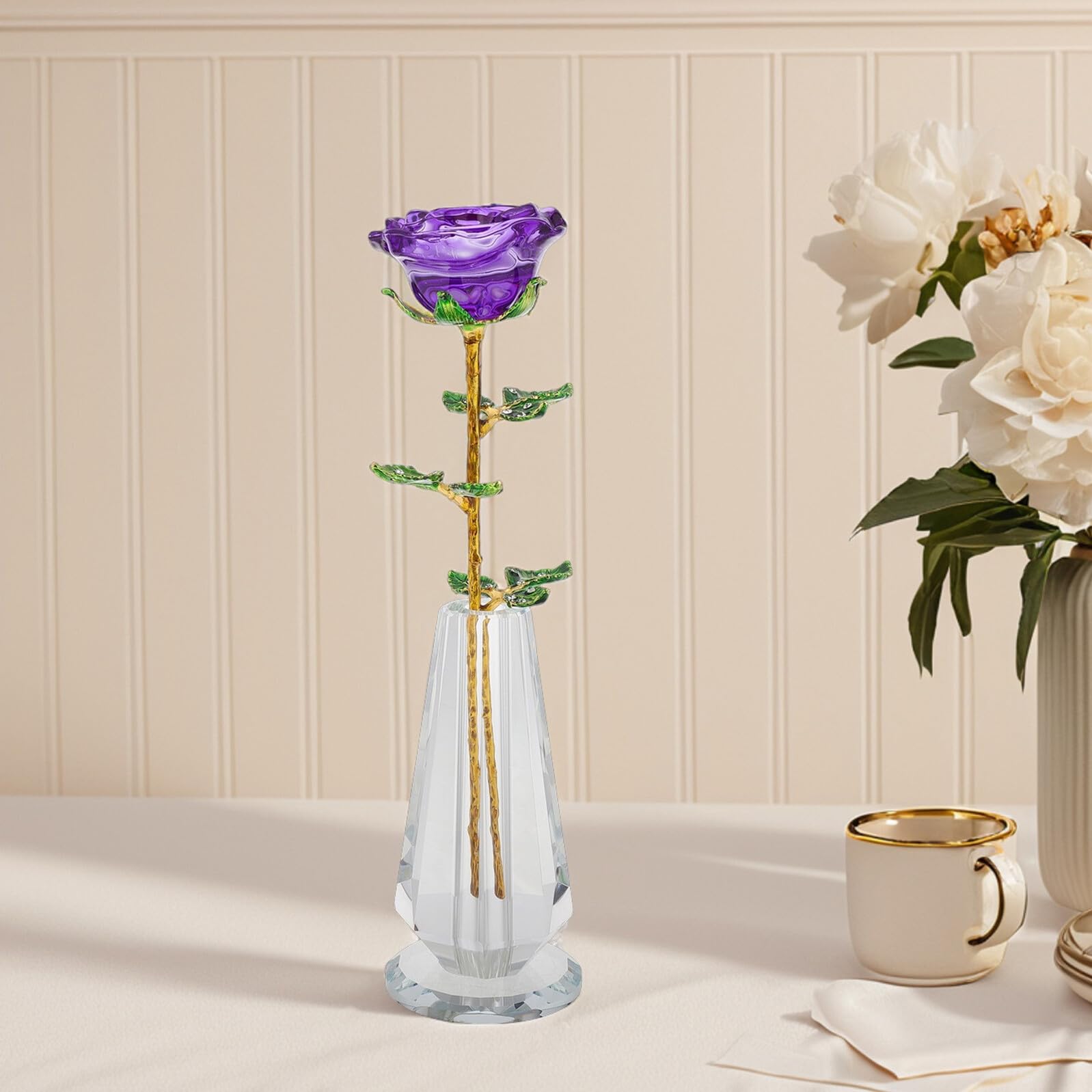 Ramo de Cristal Morado con Jarrón Figura Decorativa de Rosas para Centro de Mesa Adorno para Aniversario Obsequio Romántico para Novia o Esposa San Valentín y Bodas